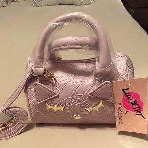 Luv Betsy Johnson lavender Cute Fun Cat Face Cross Body/with Rolled Handles. NWT